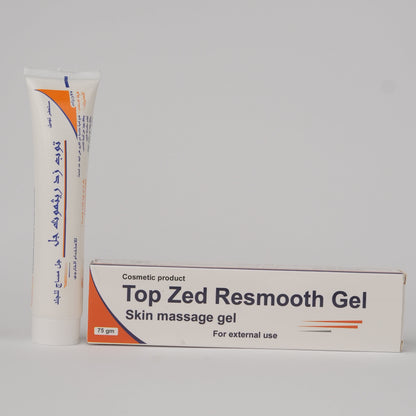 Top Zed Resmooth Gel skin massage gel shown with its white squeeze tube and matching product box on a light gray background.