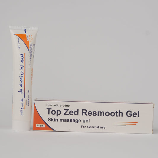 Top Zed Resmooth Gel skin massage gel shown with its white squeeze tube and matching product box on a light gray background.